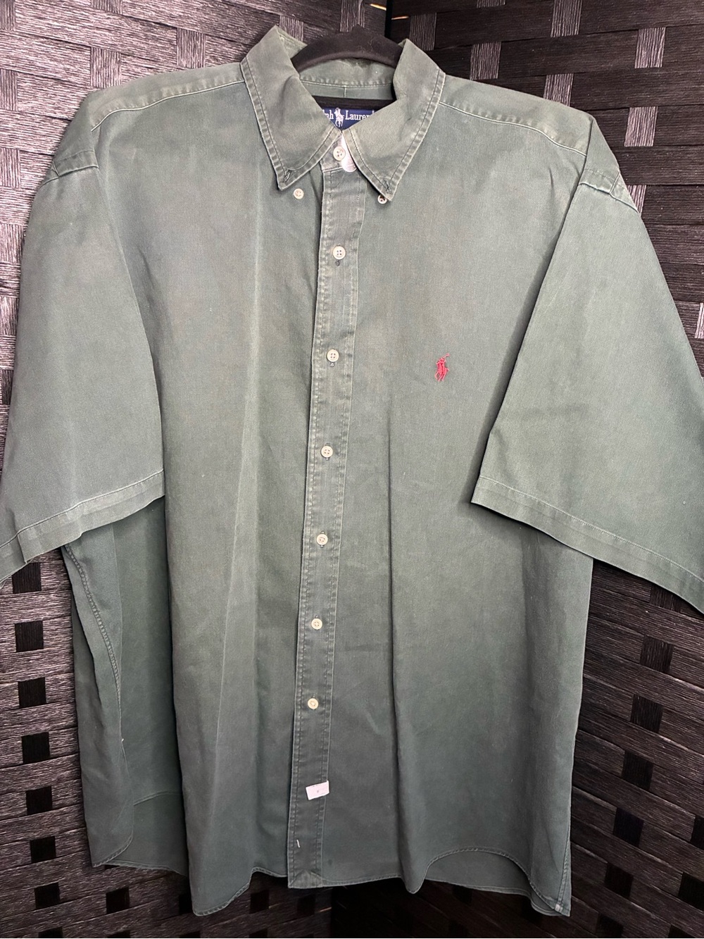 90s Vintage Ralph Lauren Green Short-Sleeve Button-Down Shirt with Red Pony